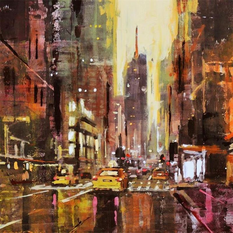 Painting 6th Avenue Evening by Faveau Adrien | Painting Figurative Oil, Wood Urban