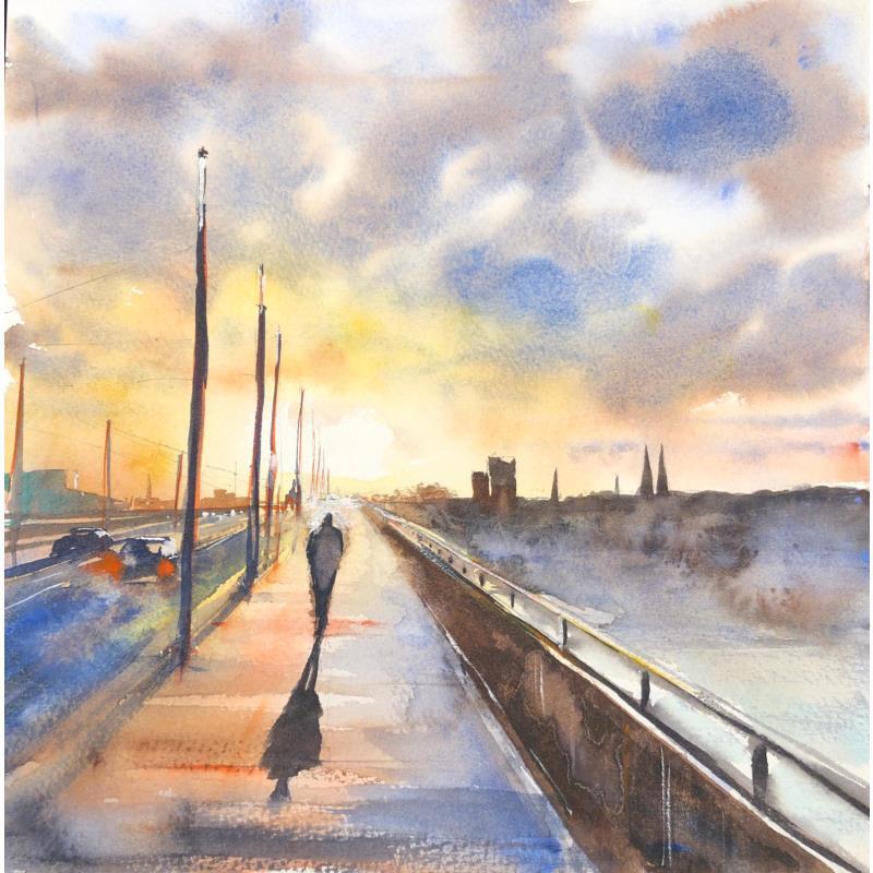 Painting Mann auf Kennedy Brücke by Jones Henry | Painting Figurative Watercolor Landscapes, Urban