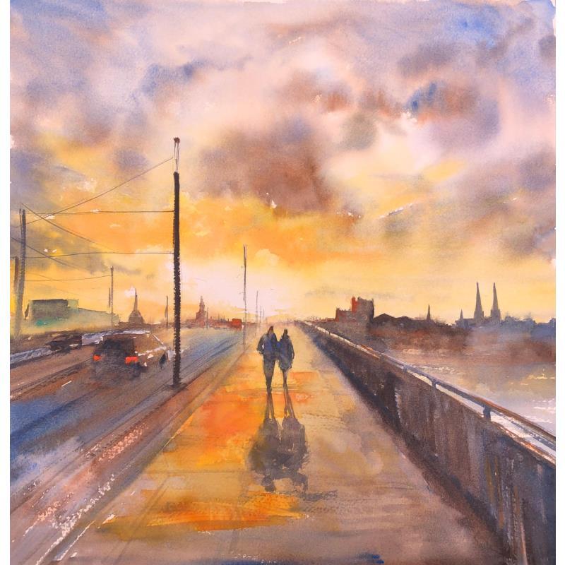Peinture Couple sur le pont Kennedy par Jones Henry | Tableau Figuratif Paysages Urbain Aquarelle