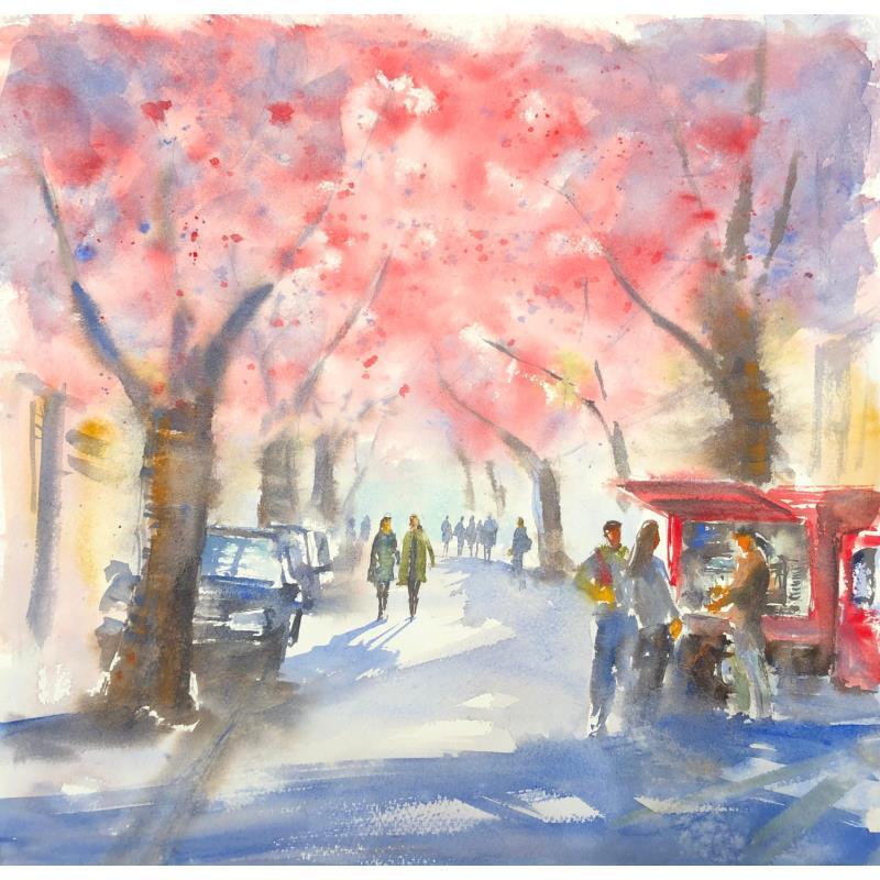 Painting Café sur la grande avenue by Jones Henry | Painting Figurative Watercolor Landscapes, Urban