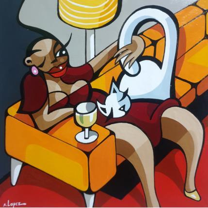 Gemälde L'heure du chat von Lopez Alfredo | Gemälde Figurativ Acryl Alltagsszenen