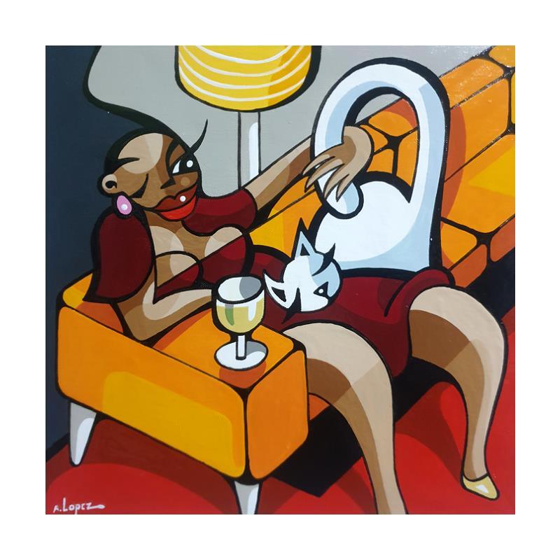 Peinture L'heure du chat par Lopez Alfredo | Tableau Figuratif Acrylique scènes de vie