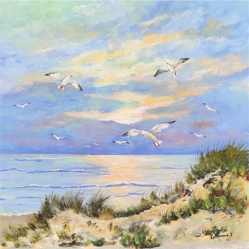 Gemälde Dunes et Mouettes von Lallemand Yves | Gemälde Figurativ Acryl Landschaften, Marine