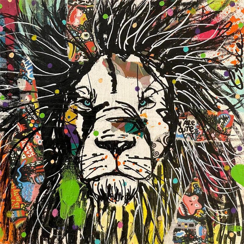 Peinture Pop lion par Croce | Tableau Art naïf Animaux Acrylique