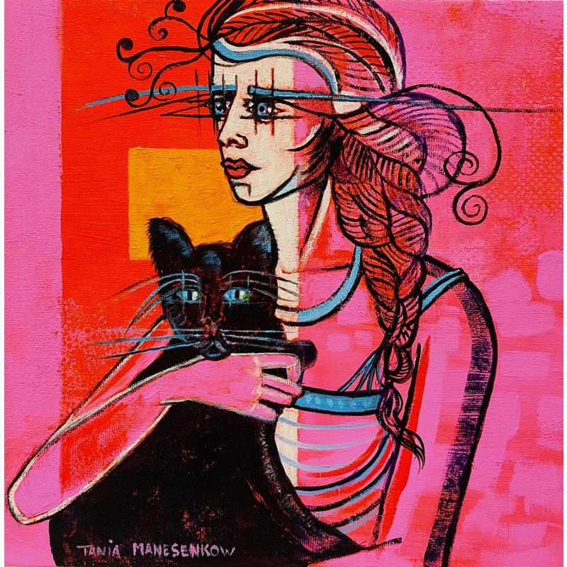 Gemälde La Femme au chat noir von Manesenkow Tania | Gemälde Figurativ Porträt Öl