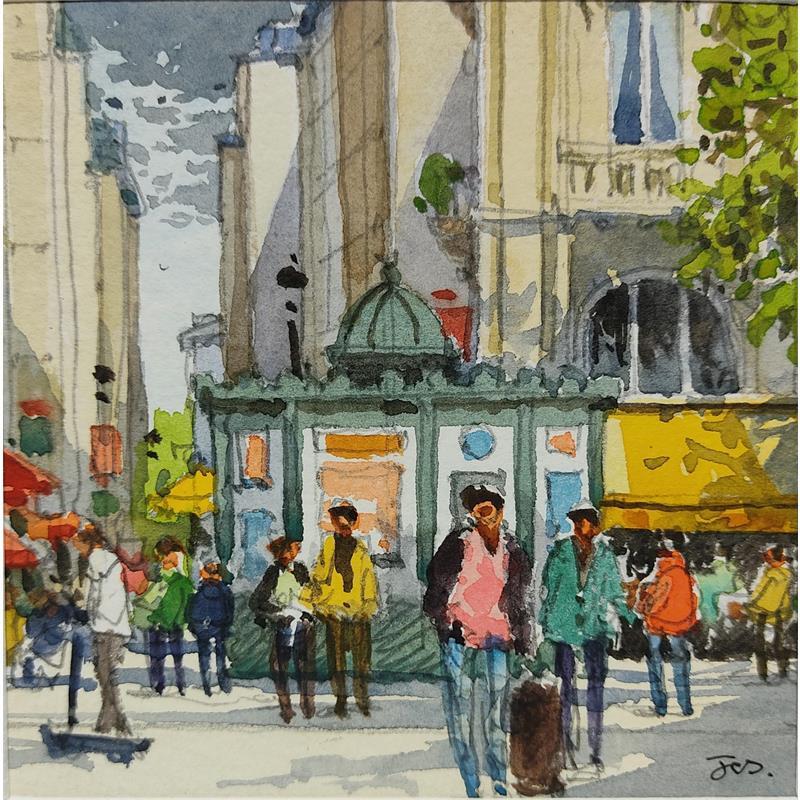 Painting Paris, la place St Michel by Decoudun Jean charles | Painting Figurative Watercolor Landscapes Urban Life style