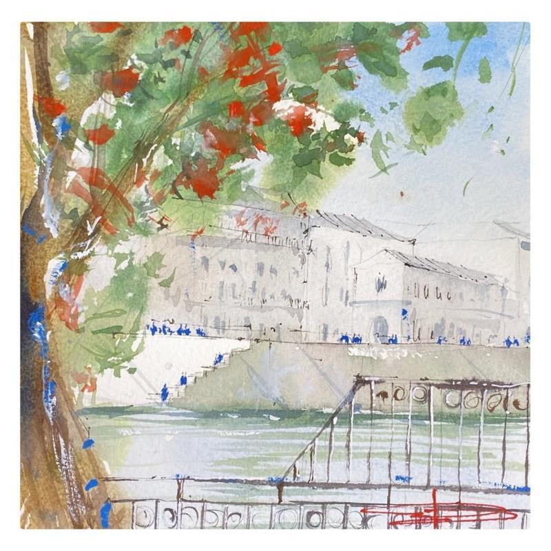 Peinture Paris plage en bord de Seine par Bailly Kévin  | Tableau Figuratif Aquarelle Urbain