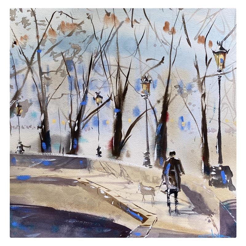 Painting Marche le long des quais de Seine by Bailly Kévin  | Painting Figurative Urban Watercolor
