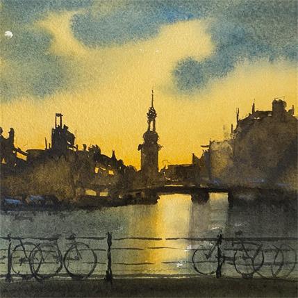 Painting Golden Evening by Min Jan | Painting Figurative Watercolor Urban