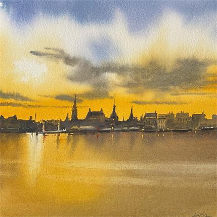 Painting Skyline in Evening by Min Jan | Painting Figurative Watercolor Urban