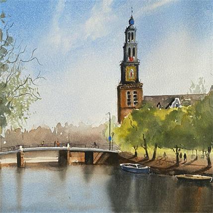 Painting Wester Toren, Prinsengracht by Min Jan | Painting Figurative Watercolor Urban