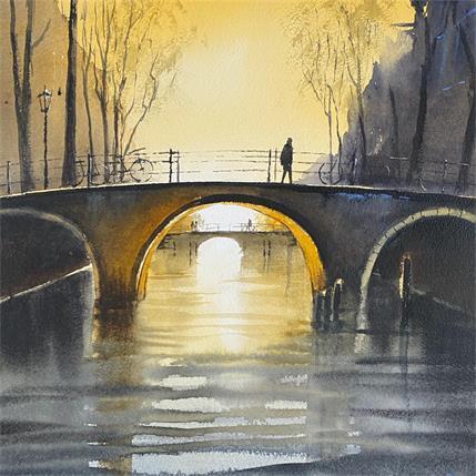 Painting Golden Bridge by Min Jan | Painting Figurative Watercolor Urban