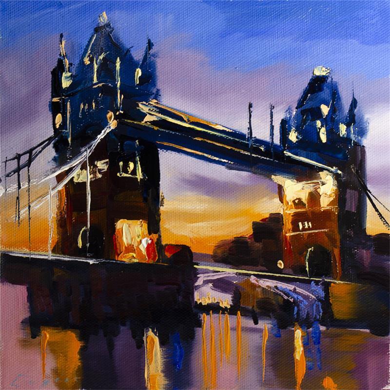 Peinture Tower Bridge by night par Eugène Romain | Tableau Figuratif Urbain Huile