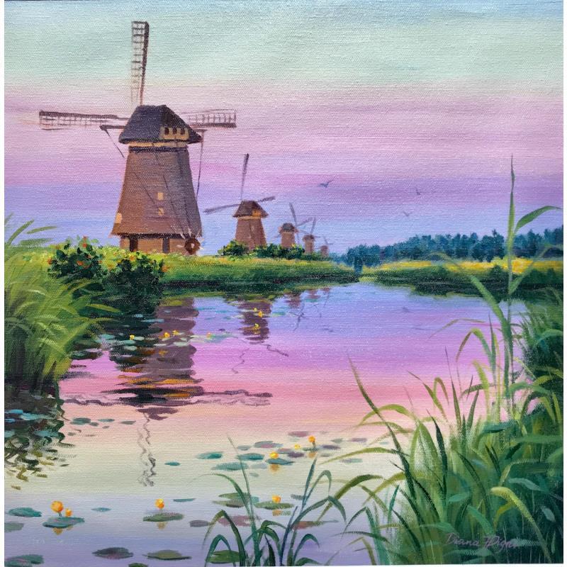 Painting Windmills in holland by Pigni Diana | Painting Figurative Oil Landscapes