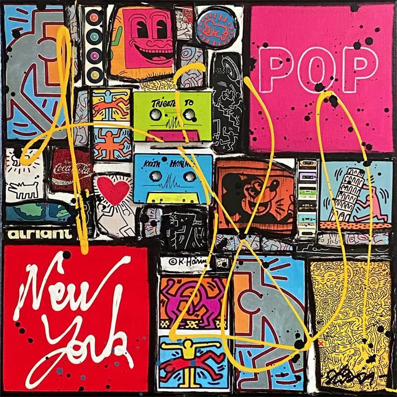 Gemälde POP NY (K.Haring) von Costa Sophie | Gemälde Pop-Art Pop-Ikonen Acryl Collage Posca Upcycling
