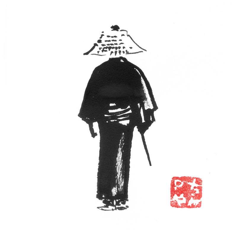Gemälde walking samurai von Péchane | Gemälde Figurativ Alltagsszenen Aquarell Tinte