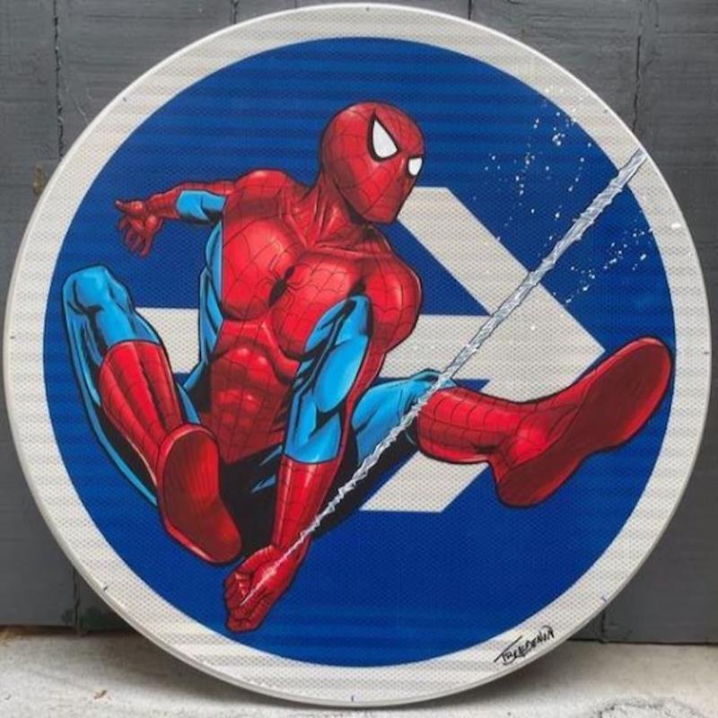 Gemälde Spider man von Beaudenon Thierry | Gemälde Pop-Art Pop-Ikonen Graffiti Metall Posca Upcycling