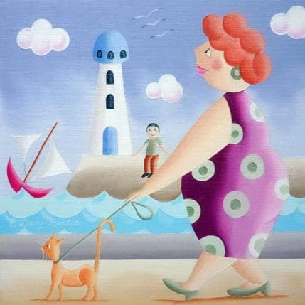 Painting Madame promène son chat by Davy Bouttier Elisabeth | Painting Naive art Oil Life style