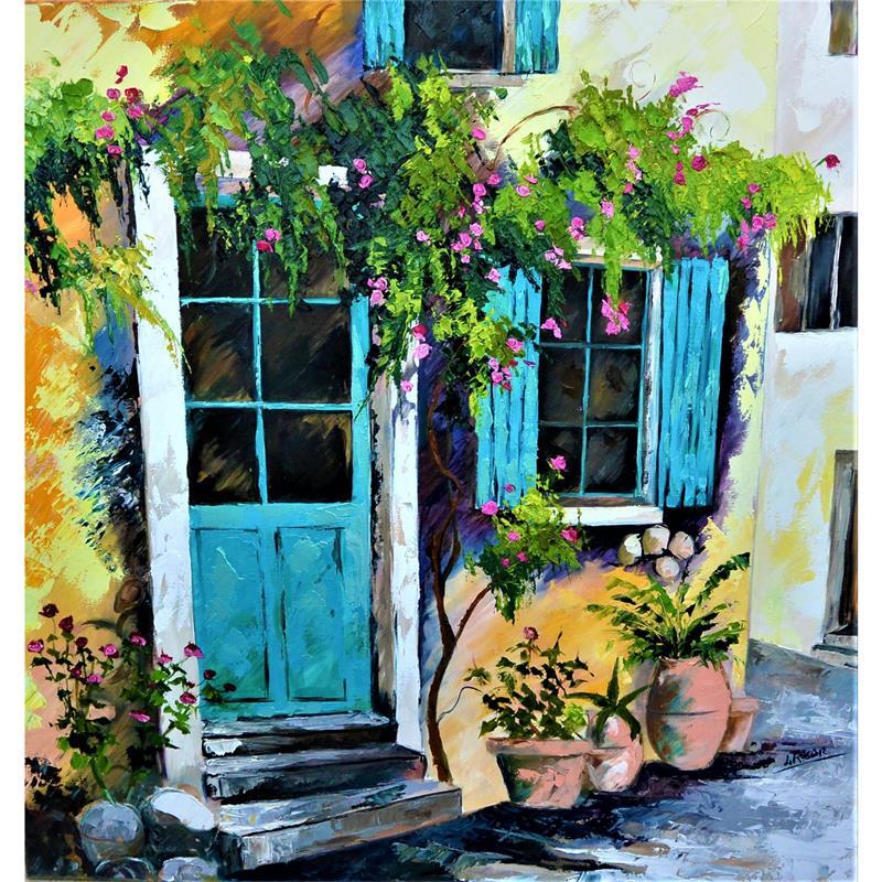 Painting The turquoise shutters of Pernes by Laura Rose | Painting Figurative Oil Landscapes, Urban
