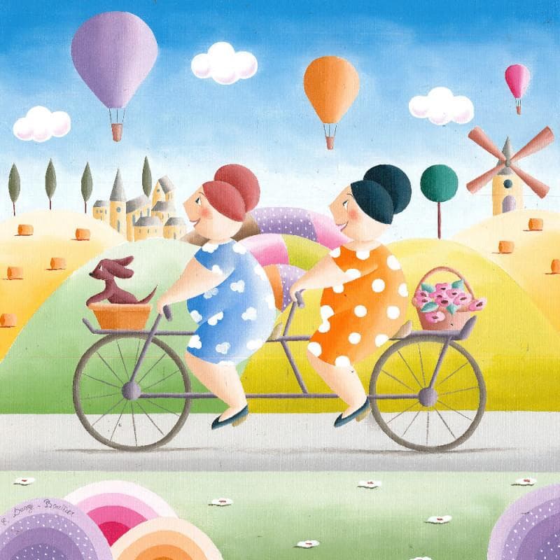Painting Duo à bicyclette by Davy Bouttier Elisabeth | Painting Naive art Oil Life style