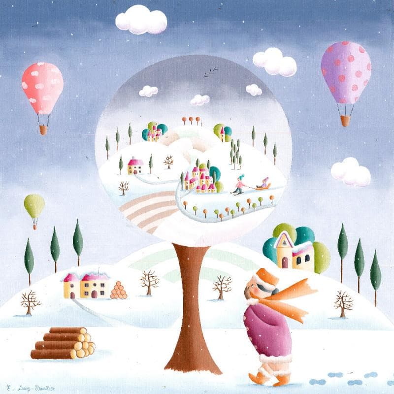 Peinture Frimas de l'hiver par Davy Bouttier Elisabeth | Tableau Art naïf Huile Scènes de vie