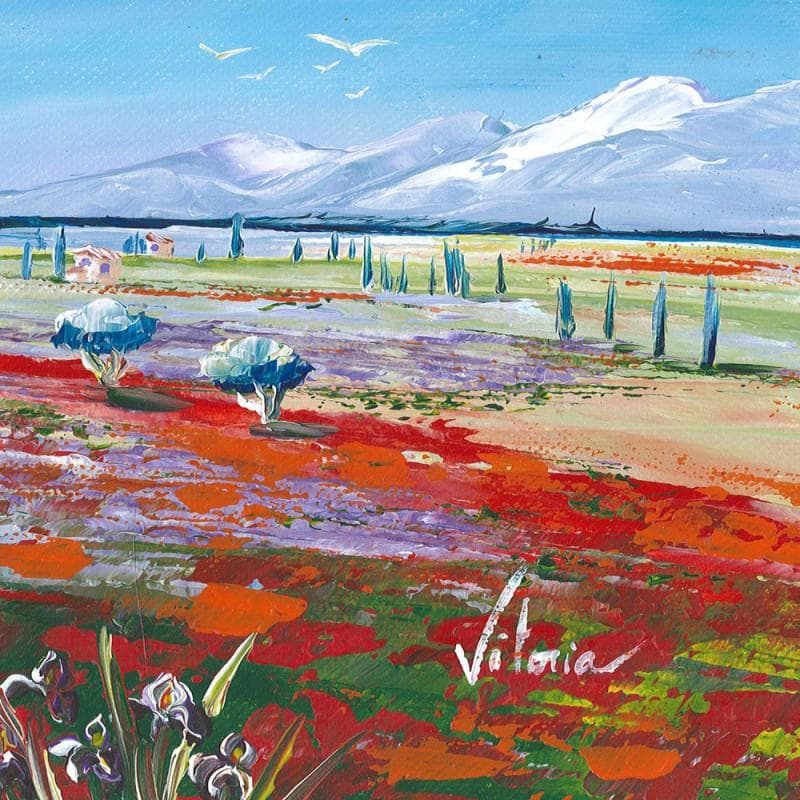Peinture Iris et coquelicots par Vitoria | Tableau Figuratif Acrylique Paysages