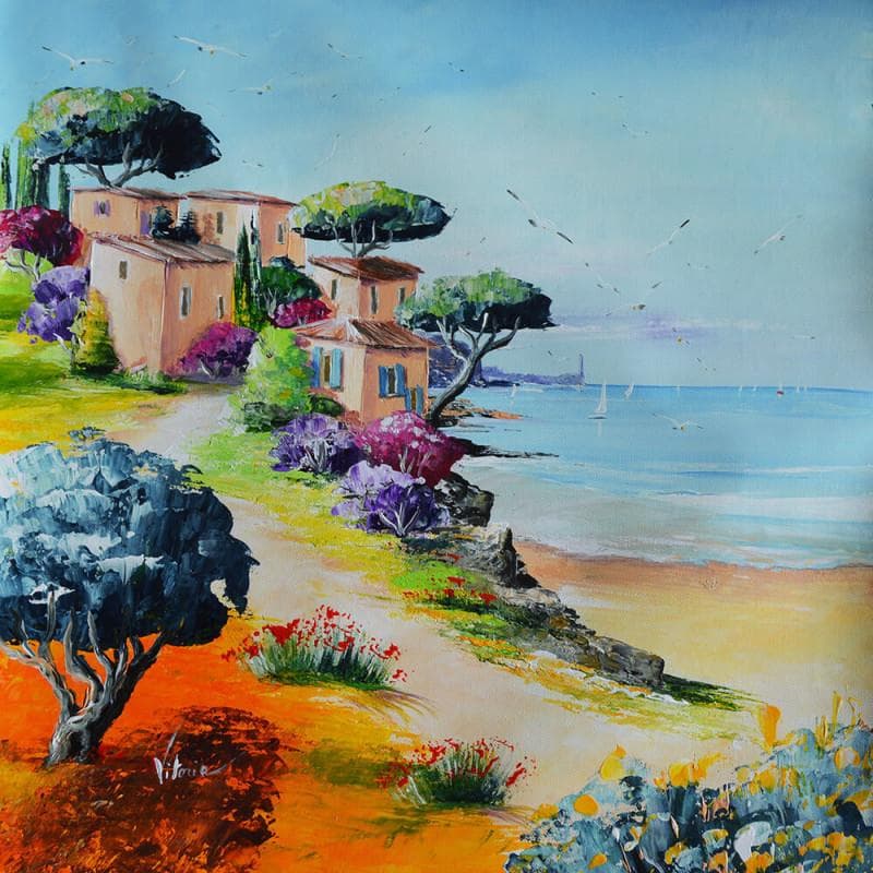 Peinture Village en bord de mer par Vitoria | Tableau Figuratif Acrylique, Huile Paysages