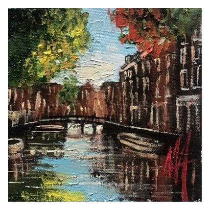 Peinture Amsterdam, autumns is calling leaves are falling par De Jong Marcel | Tableau Figuratif Huile Paysages, Vues urbaines
