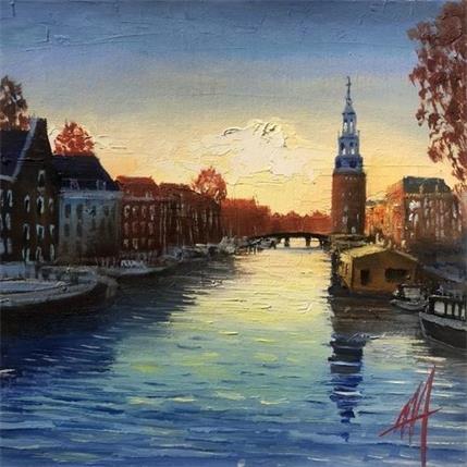 Peinture Amsterdam, montelbaanstoren sundown par De Jong Marcel | Tableau Figuratif Huile Paysages, Vues urbaines