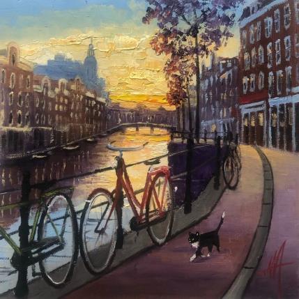 Painting Amsterdam,a purrfect night for a stroll by De Jong Marcel | Painting Figurative Oil Landscapes, Urban