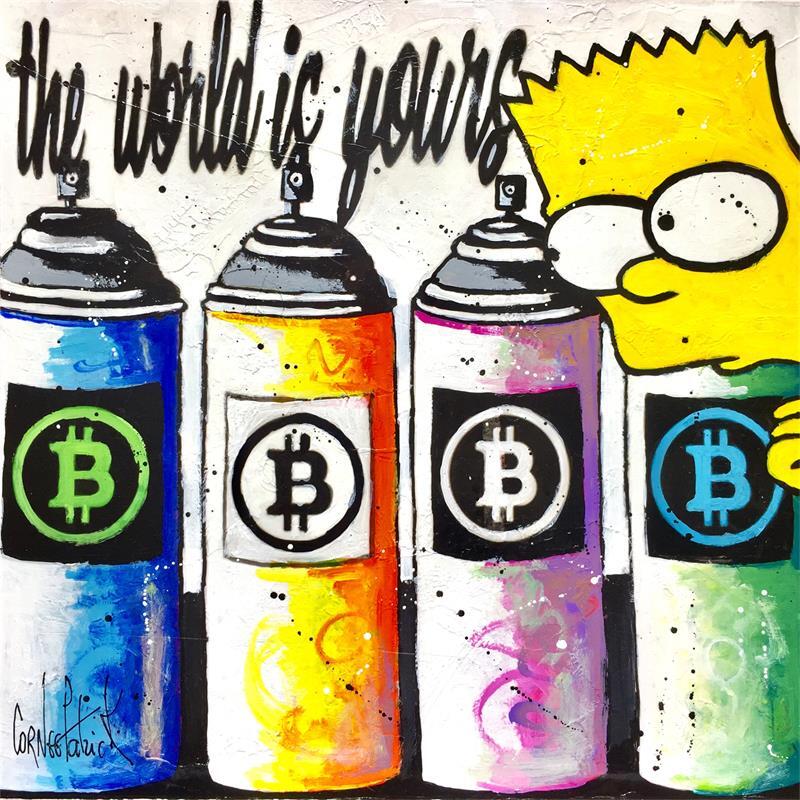 Gemälde Bart uses Bitcoin spray  von Cornée Patrick | Gemälde Pop-Art Pop-Ikonen Tiere Pappe