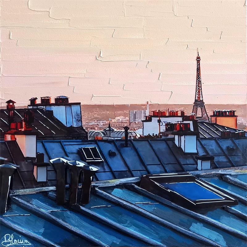 Painting Tour Eiffel et Grand Palais au-delà des toits, Paris by Blouin Elodie | Painting Figurative Urban Mixed