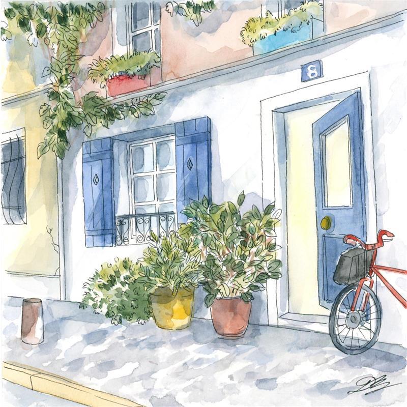 Gemälde Le vélo rouge von Balme Delphine | Gemälde Naive Kunst Urban Alltagsszenen Aquarell