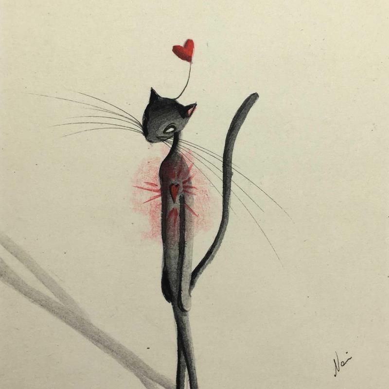 Peinture Il gatto che si emozionava troppo par Nai | Tableau Art naïf Acrylique animaux