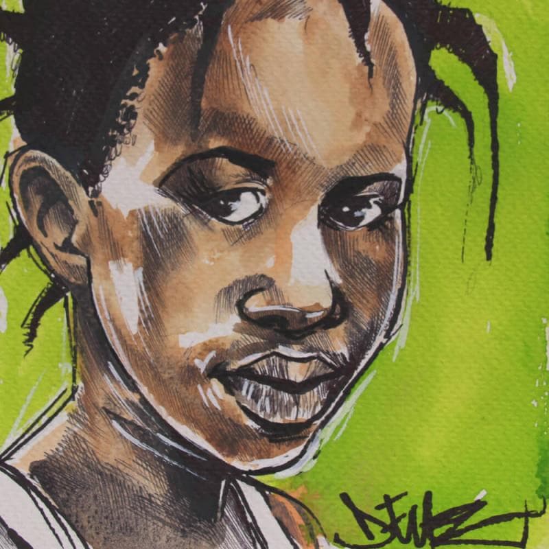 Peinture La petite fille au fond vert par Deuz | Tableau Street Art Graffiti Portraits