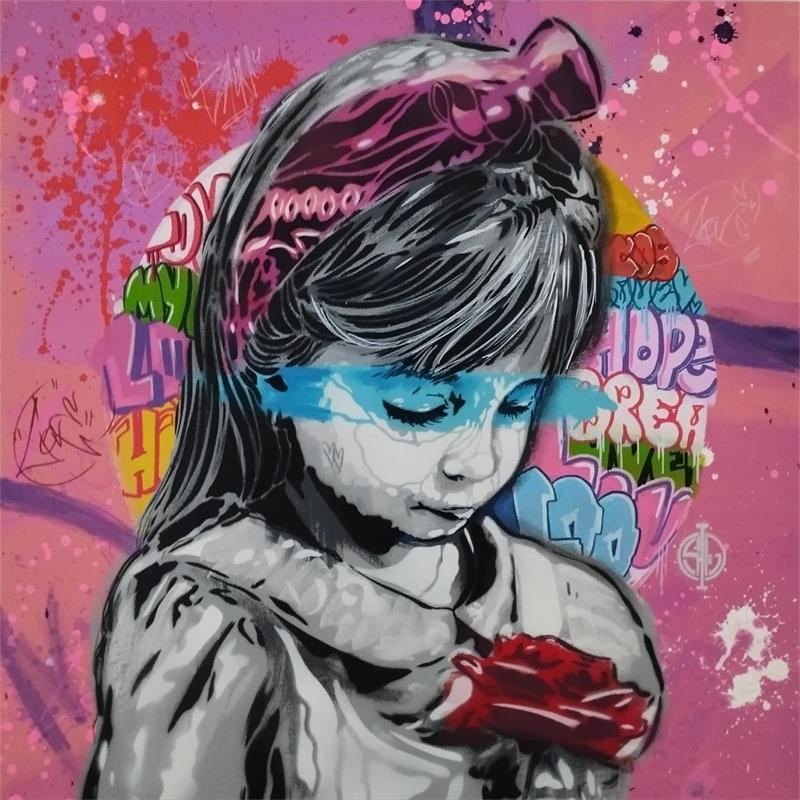 Gemälde La petite fille à la rose von Sufyr | Gemälde Street art Acryl, Graffiti Porträt