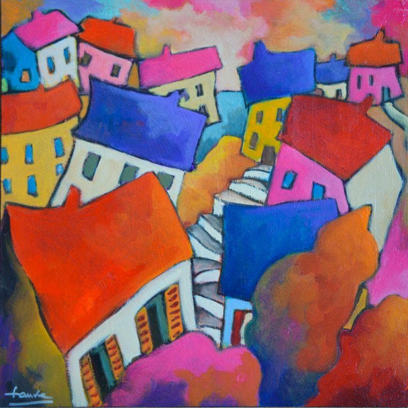 Painting Village coloré by Fauve | Painting