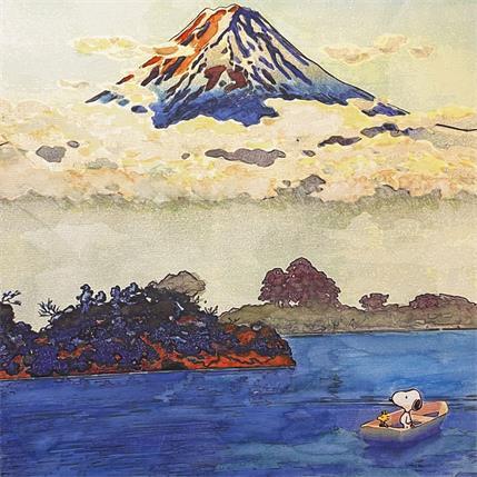 Peinture Snoopy: Mont Fuji par Benny Arte | Tableau Pop Art Mixte icones Pop, Paysages