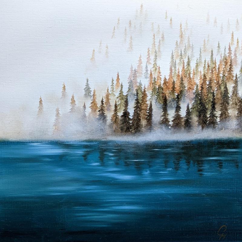 Painting Lac automnal bleu by Pressac Clémence | Painting Figurative Oil Landscapes