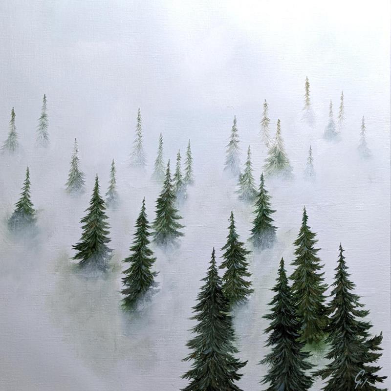 Painting Forêt dans la brume by Pressac Clémence | Painting Figurative Landscapes Oil