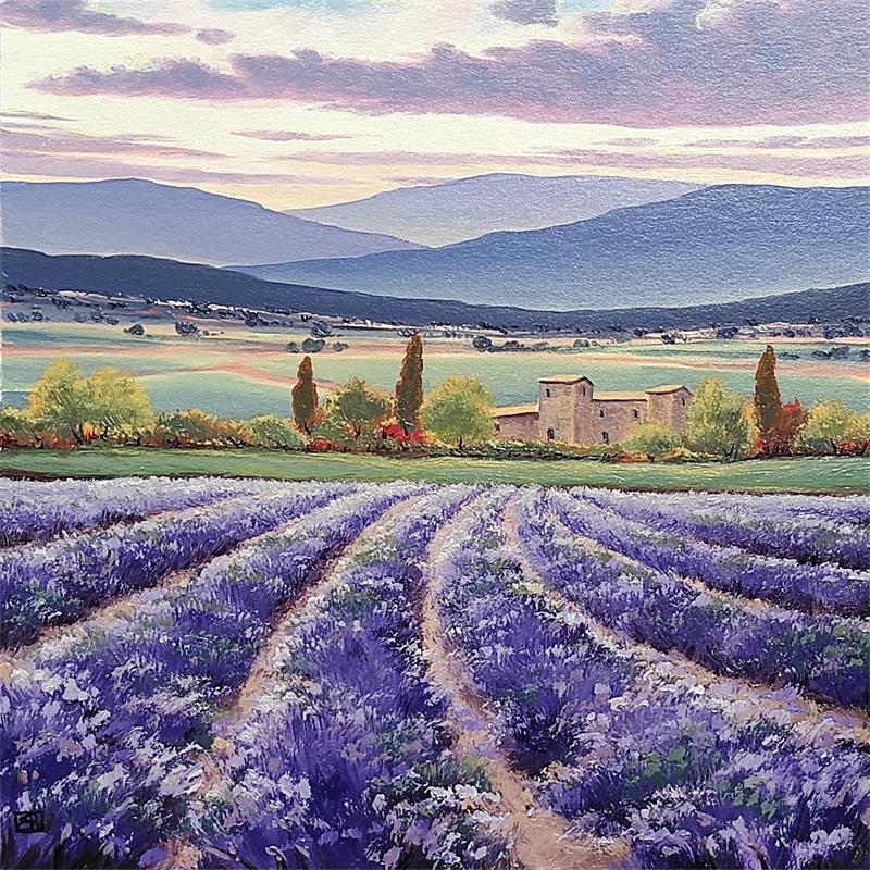 Painting Walking amoung lavenders by Requena Elena | Painting Figurative Oil Landscapes