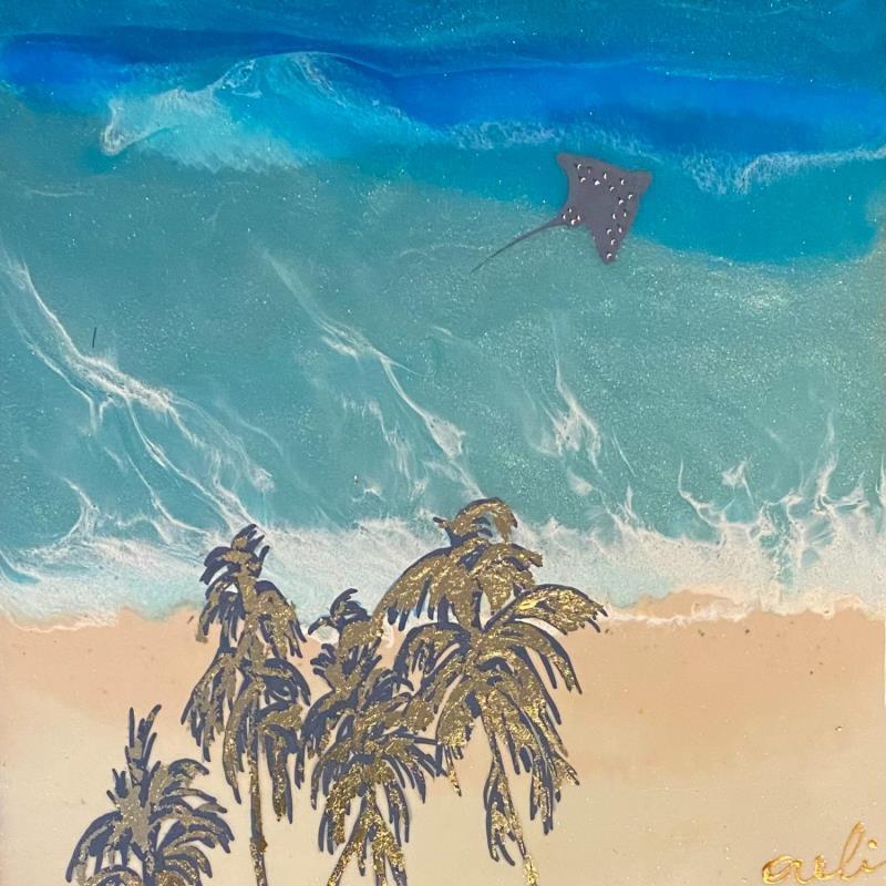 Gemälde Les îles Tuamotu von Aurélie Lafourcade painter | Gemälde Figurativ Holz Landschaften, Marine, Pop-Ikonen, Tiere