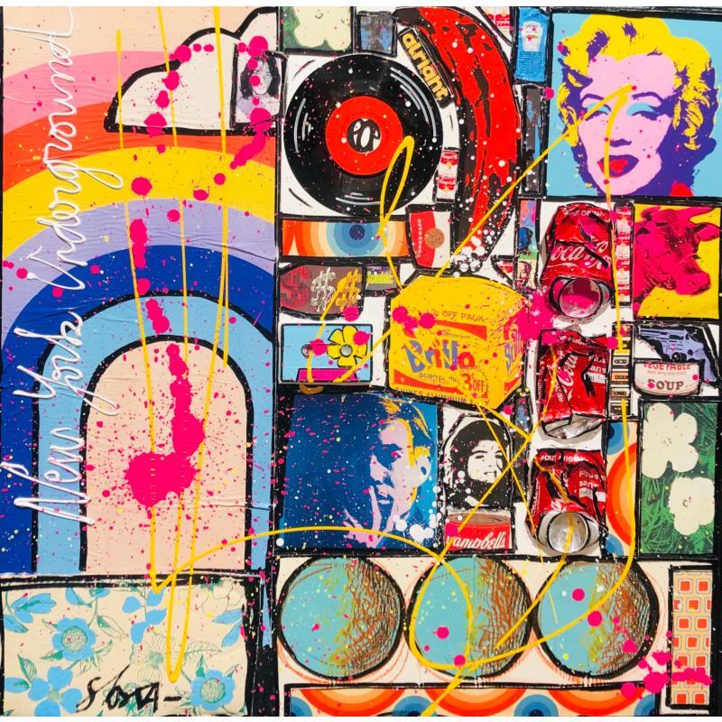 Painting Blue POP #3 by Costa Sophie | Painting Pop-art Acrylic, Gluing, Posca, Upcycling