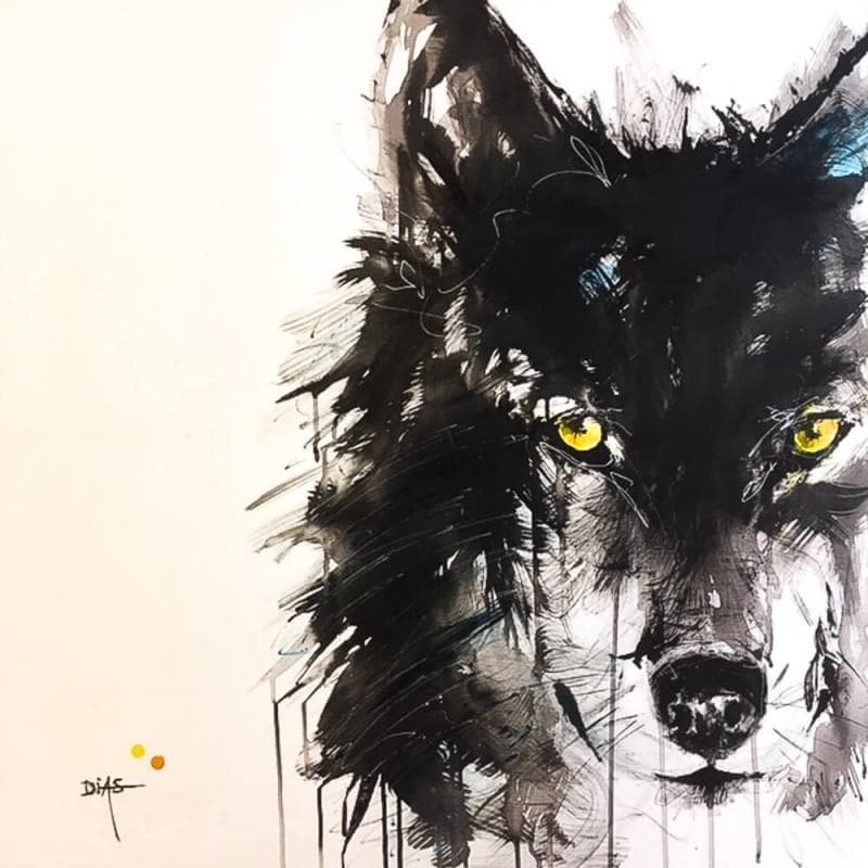 Peinture Le loup par Dias | Tableau Figuratif Mixte animaux noir & blanc