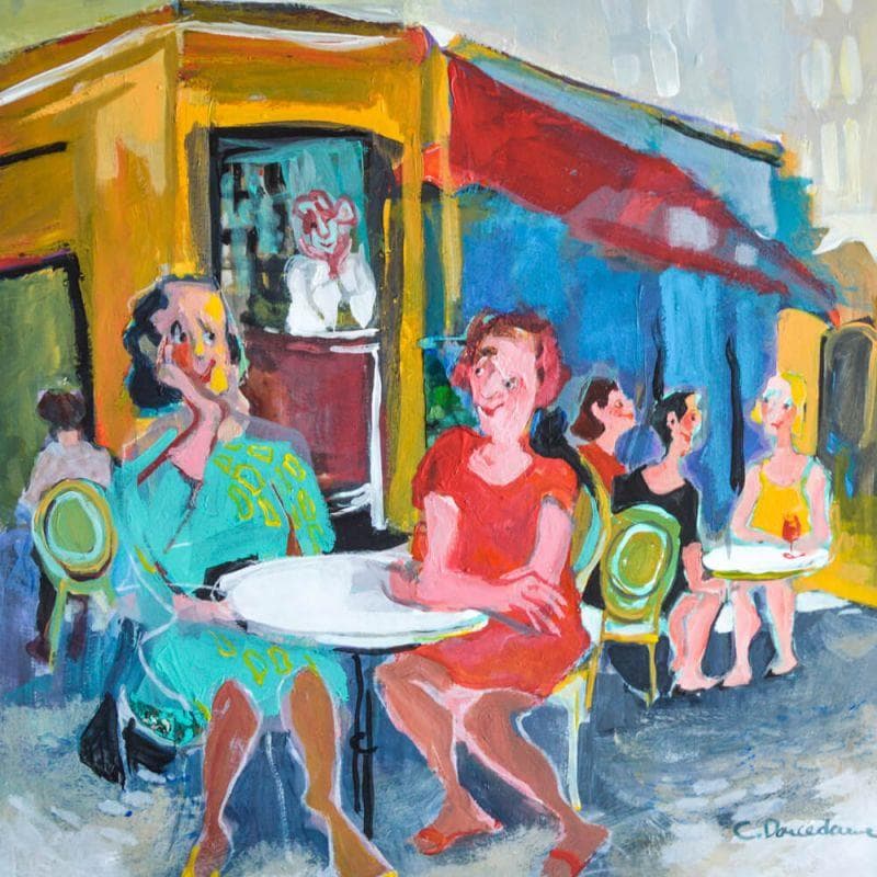 Painting Filles en terrasse by Doucedame Christine | Painting Figurative Life style Acrylic