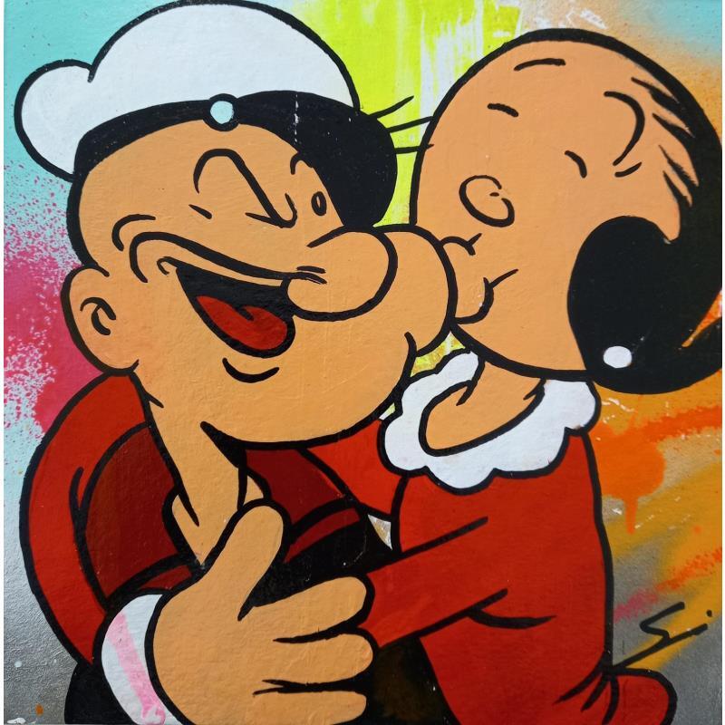 Painting Olive kiss Popeye by Mestres Sergi | Painting Pop-art Cardboard, Graffiti Pop icons