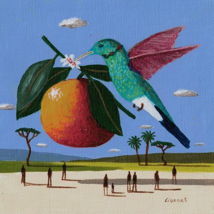 Painting Colibri à l'orange by Lionnet Pascal | Painting Surrealist Acrylic Animals, Landscapes, still-life