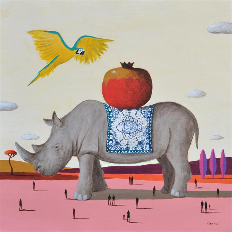 Painting Rhinocéros en rose by Lionnet Pascal | Painting Surrealism Acrylic, Oil Animals, Landscapes, still-life