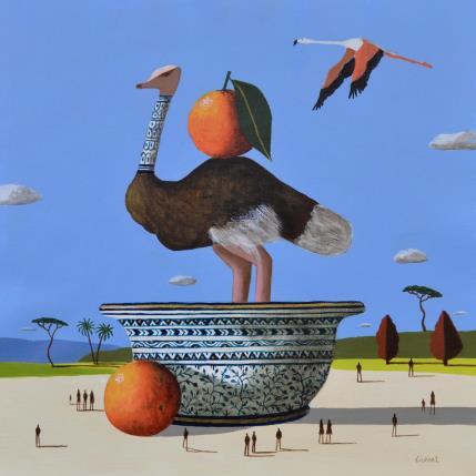 Painting Autruche aux oranges by Lionnet Pascal | Painting Surrealist Acrylic Animals, Landscapes, still-life