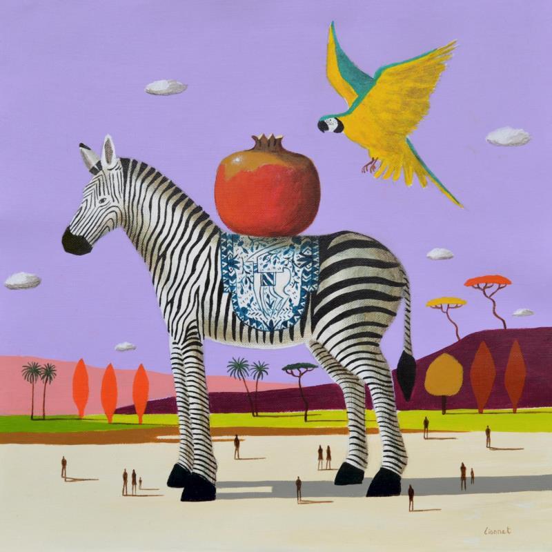 Painting Zèbre à la grenade et ara jaune by Lionnet Pascal | Painting Surrealism Landscapes Animals still-life Acrylic